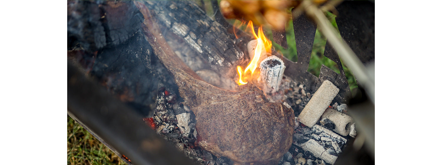 Steak is placed directly in charcoal.