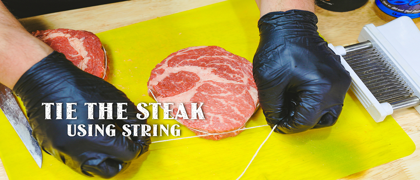 This image shows ties the steak using the string