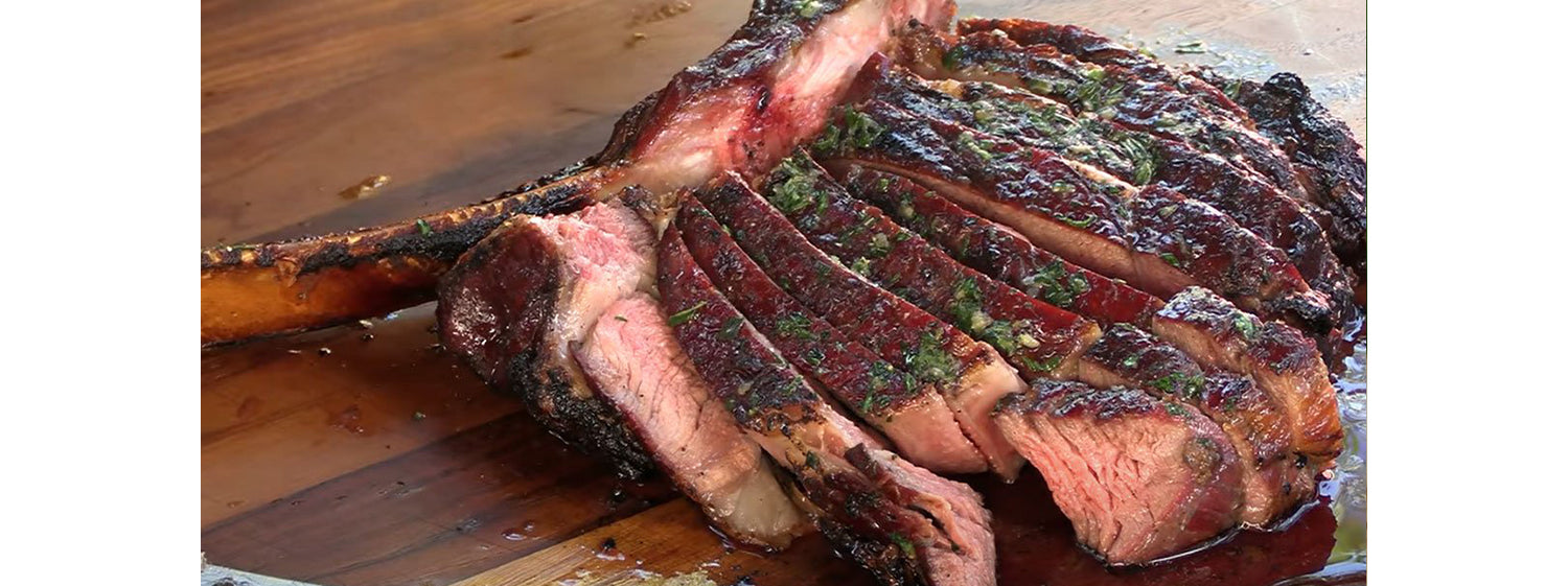 This image shows sliced Tomahawk Ribeye