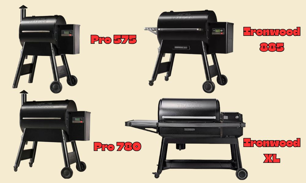 Traeger pellet smoker range featuring four models: Pro 575, Pro 780, Ironwood 885, and Ironwood XL, displayed side by side.
