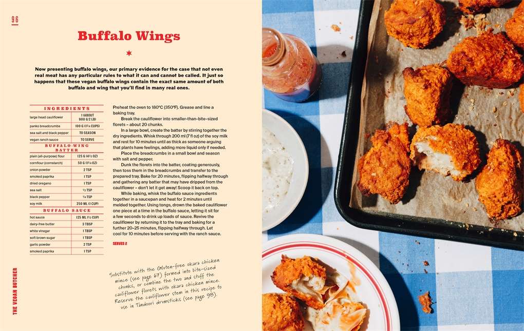 Vegan/Vegetarian Buffalo wings Recipe This is a picture taken from the vegan butcher recipe book by Zacchary Bird. It shows a recipe on how to make Vegan/Vegetarian Buffalo wings