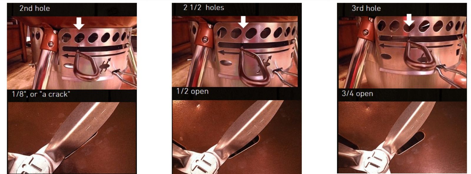This is an image to be used as a guide showing the air gap on the different vent positions of the weber kettle. 
