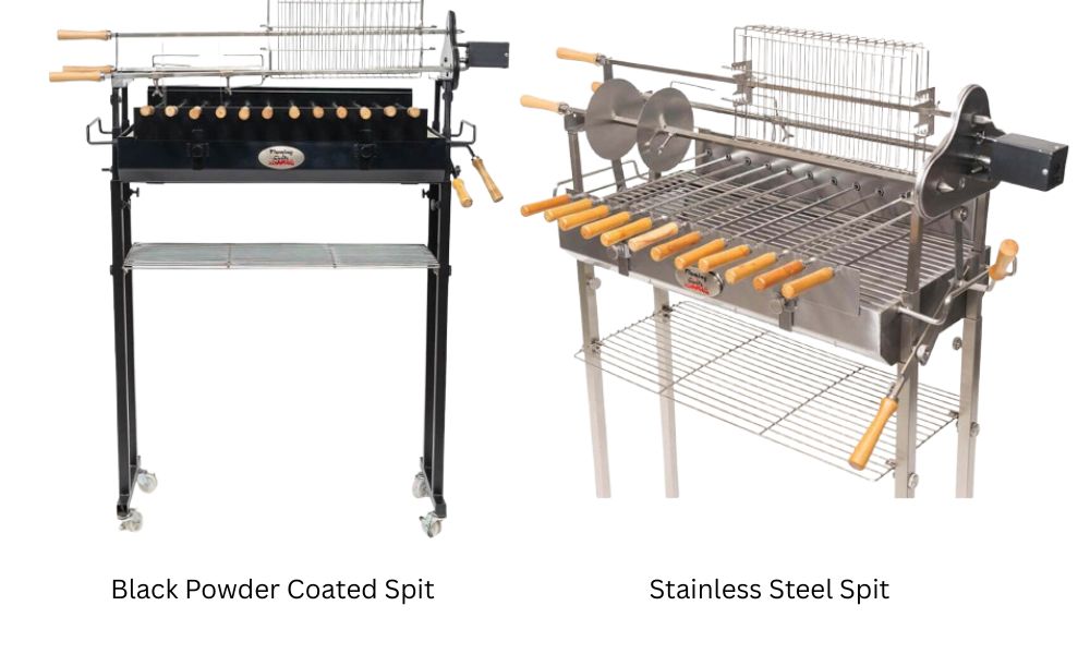 Comparison of powder coated steel spit and stainless steel spit rotisserie BBQ grills side by side.