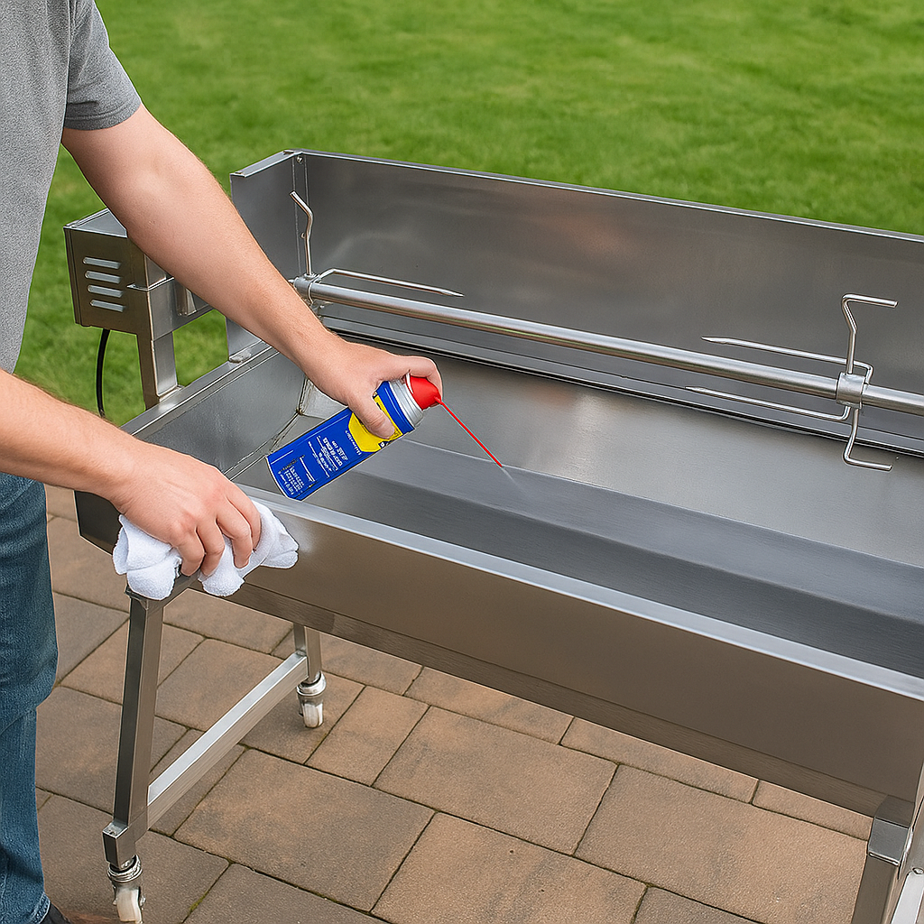 Person spraying and wiping down the inside of a stainless steel spit rotisserie with protective oil to prevent rust and maintain the metal surface after cleaning.