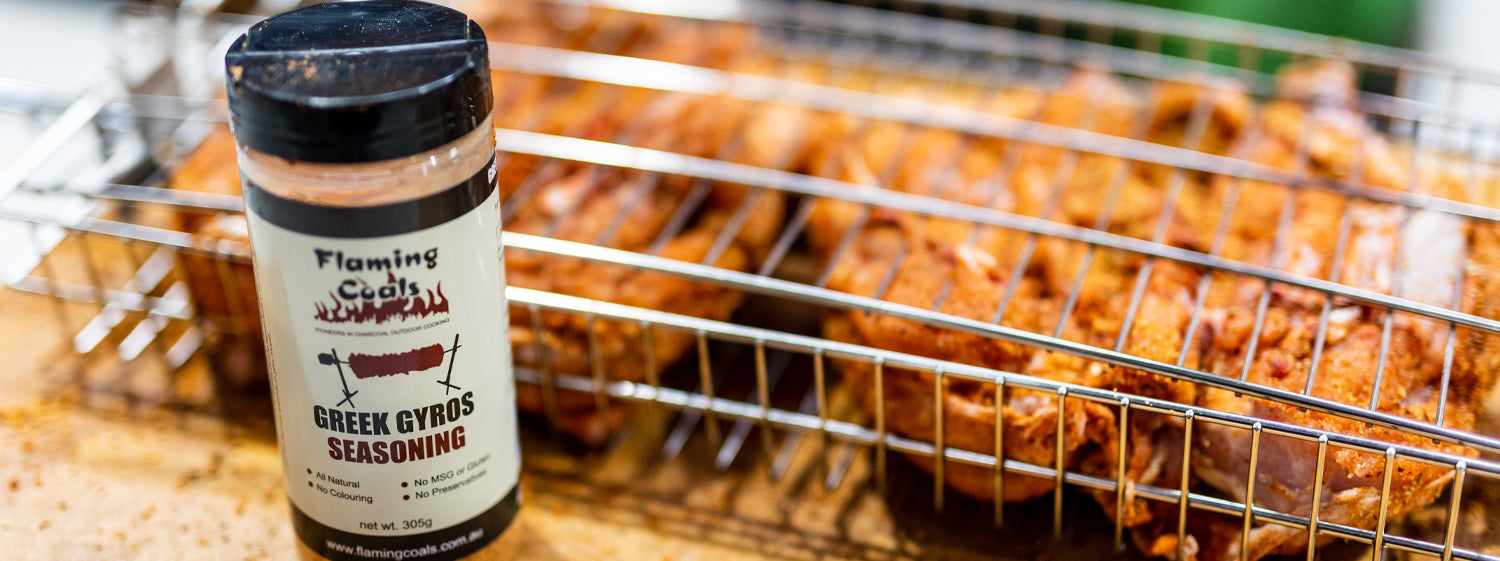 This image shows a Greek Gyros Seasoning and butterflied chicken on multi-use basket