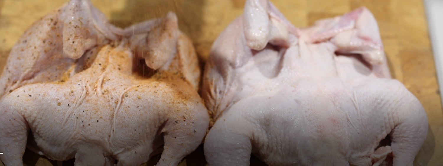 This image shows two butterflied chickens