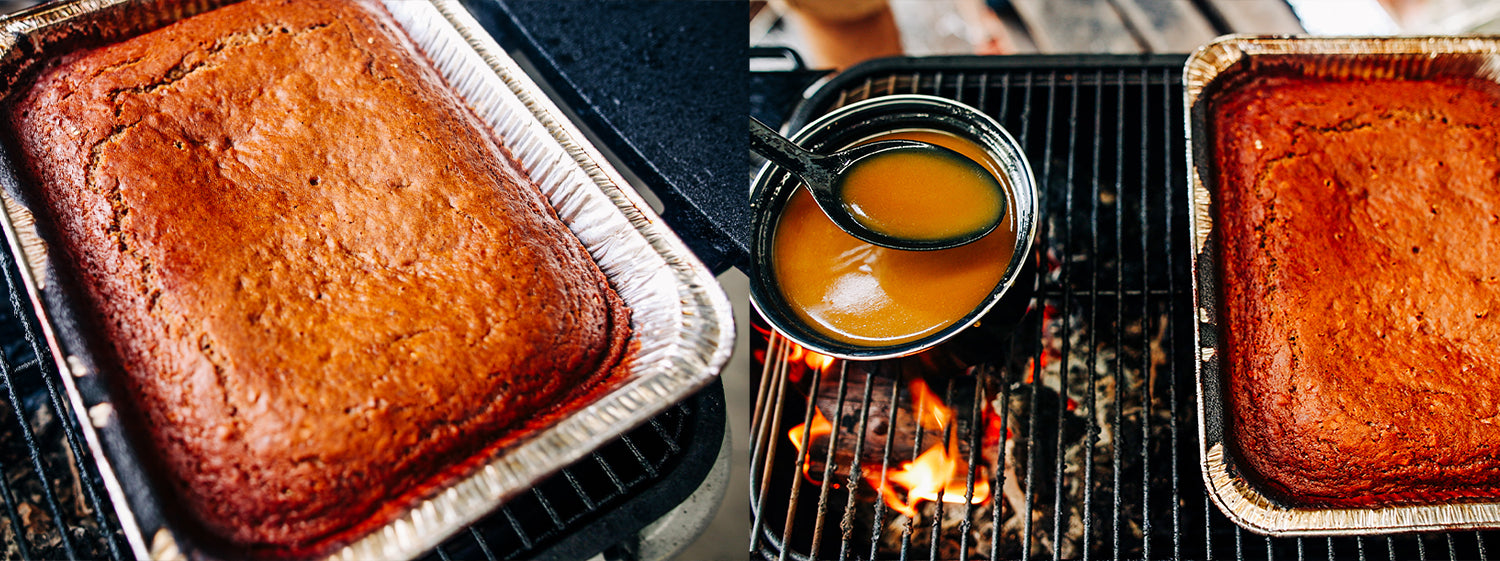 This image shows sugar and cream in a sauce pan cooked in Pk grill