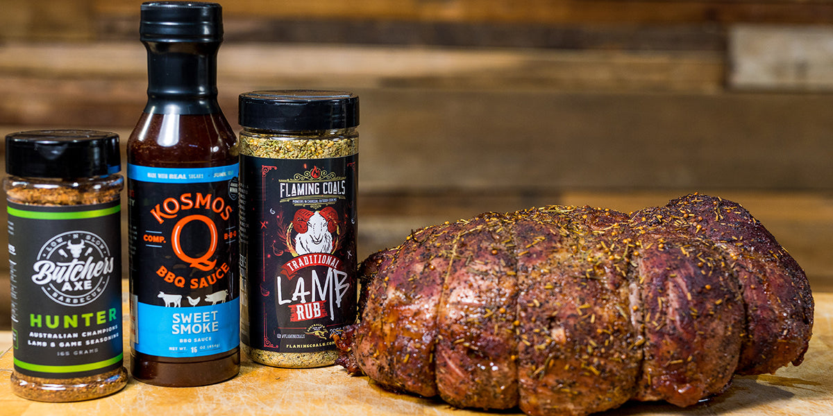 This image shows a roast lamb leg with lamb seasonings