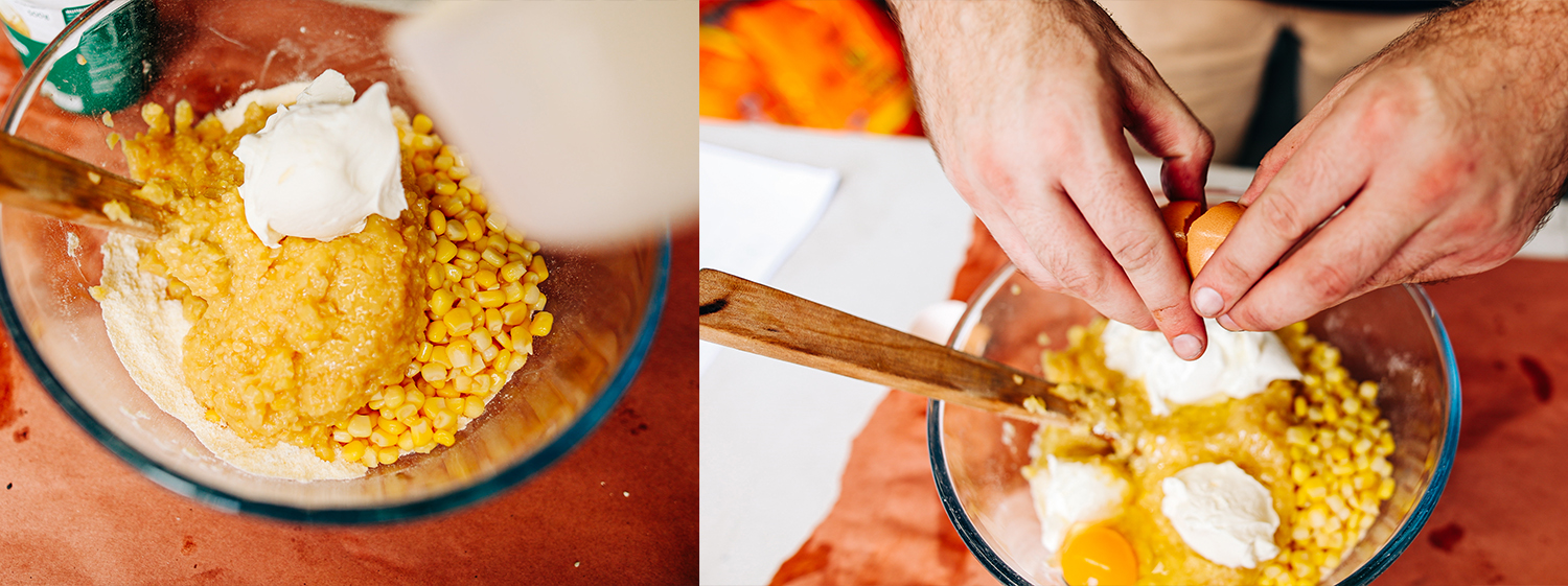 This image shows a man adding some whole kernel corn and eggs to the ingredients
