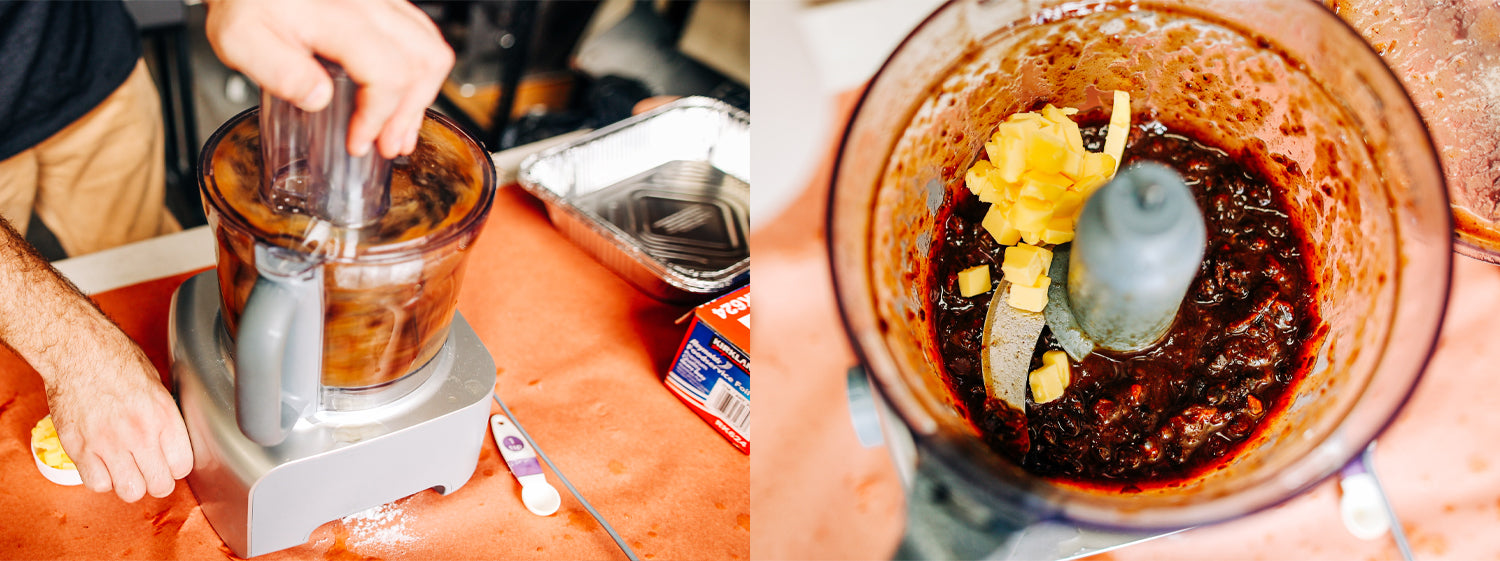 This image shows  food processor with dates inside. 