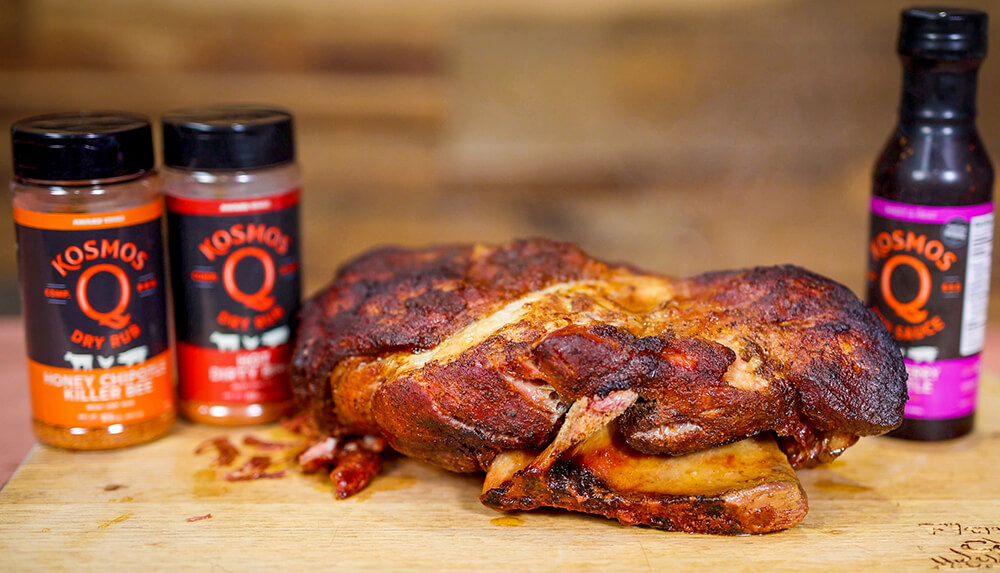 This image shows Delicious pork with Kosmos Q Rubs and Sauces