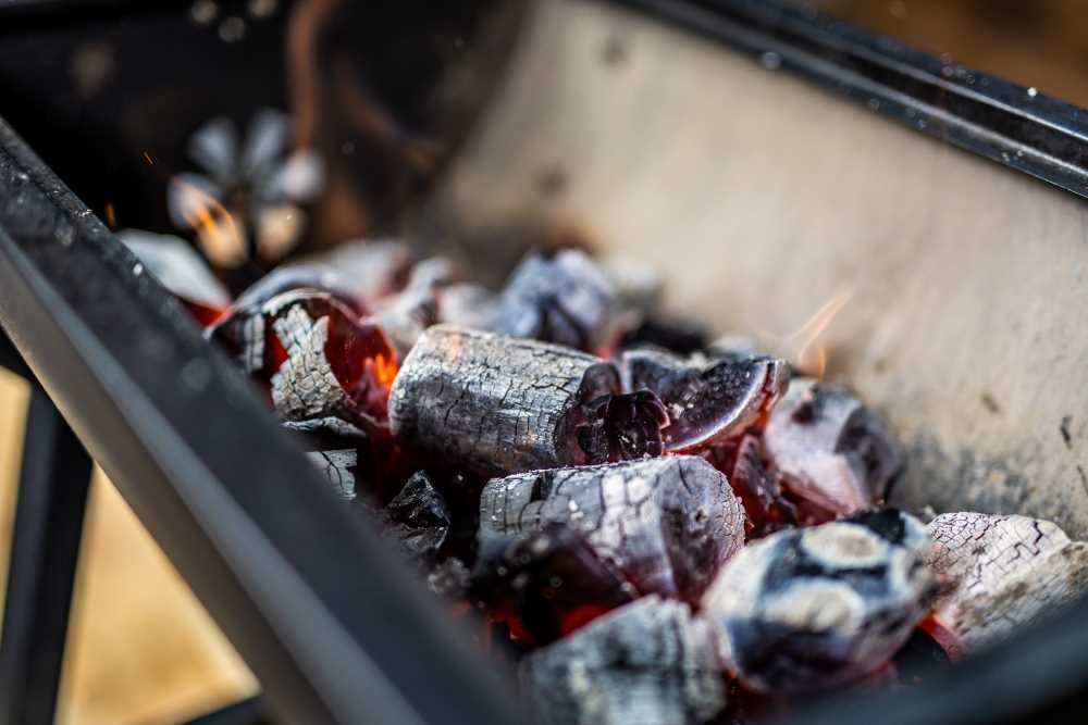 This is a picture of Gidgee lump charcoal burning in a mini spit roaster. 