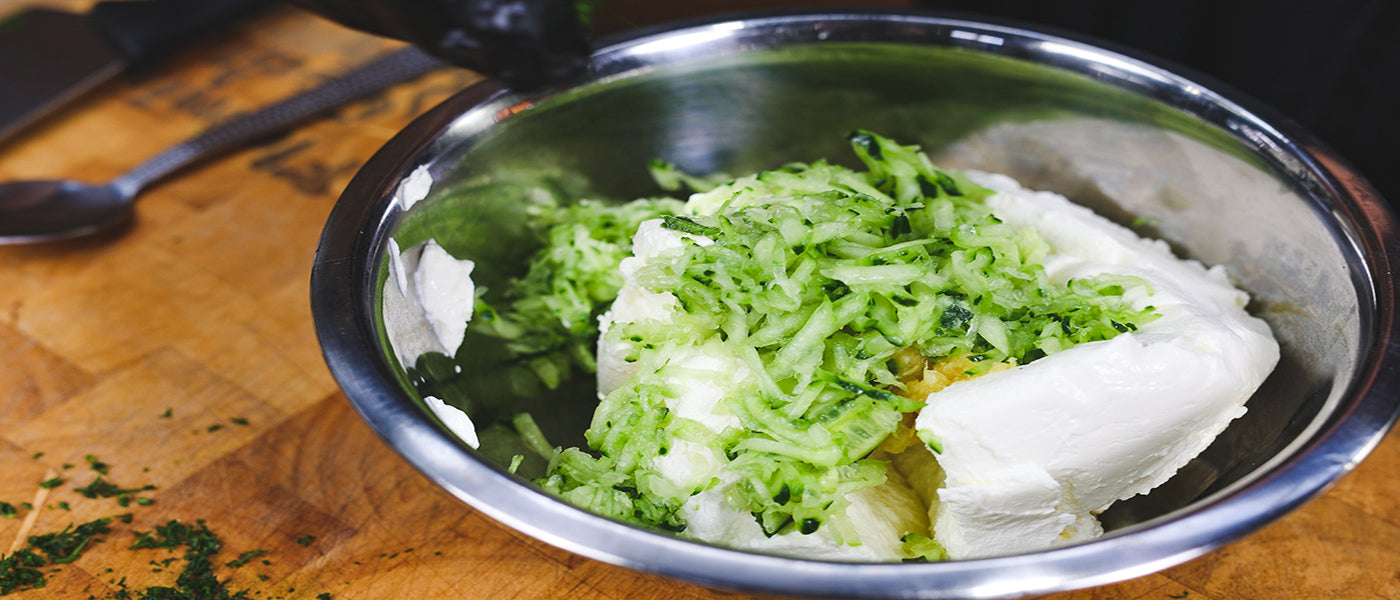 This image shows greek yoghurt with cucumber