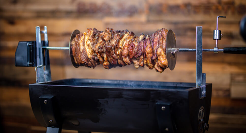 This image shows gyros cooked on Jumbuck Mini Spit Roaster