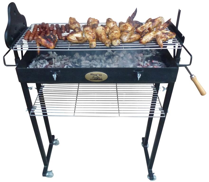 This picture shows chicken wings being cooked on the grill of the spit