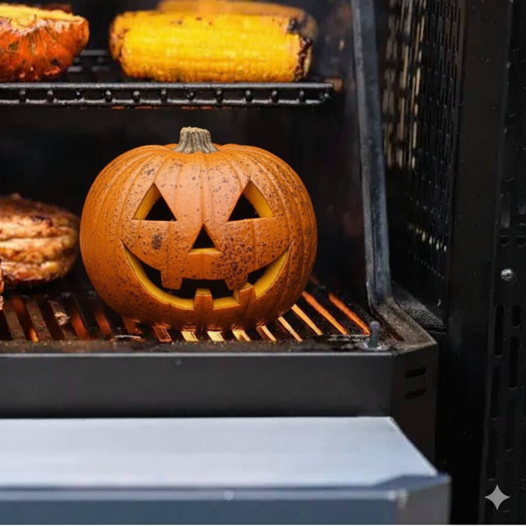 A carved jack-o'-lantern pumpkin placed on a BBQ smoker next to grilled corn, creating a spooky yet delicious Halloween BBQ vibe.