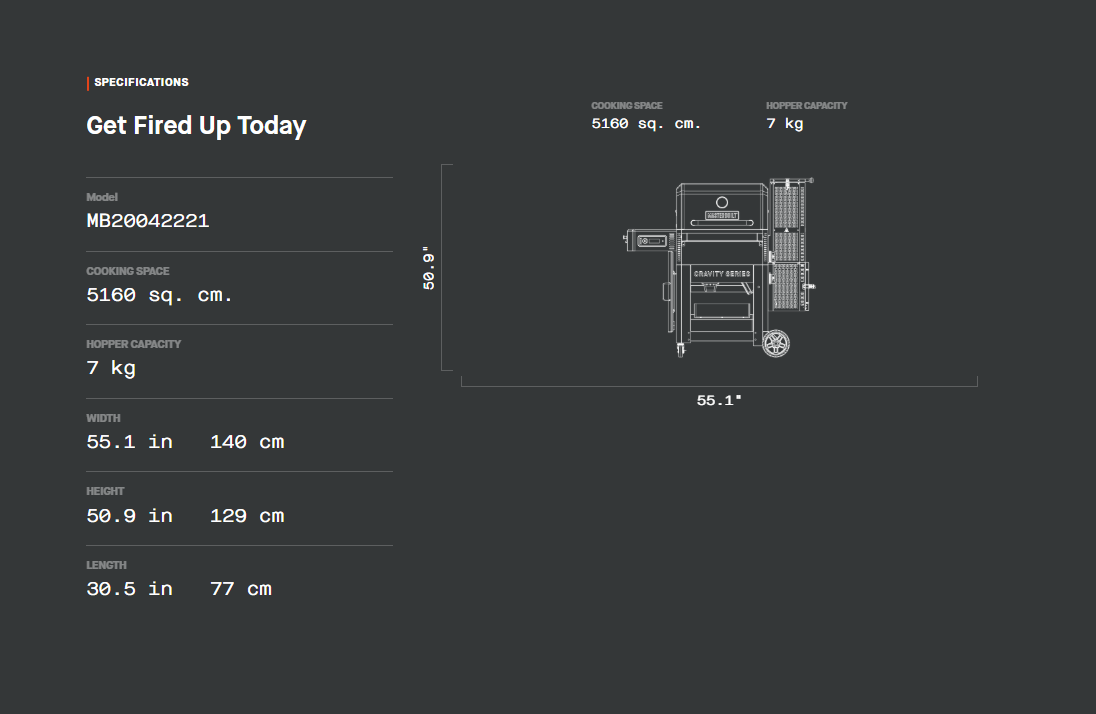 Visual dimensions and specifications of the Masterbuilt Gravity Series 800 Digital Charcoal Grill & Smoker