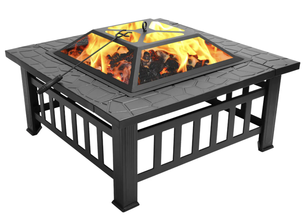 Square Firepit 900mm with Cooking Grill and a burning fire inside