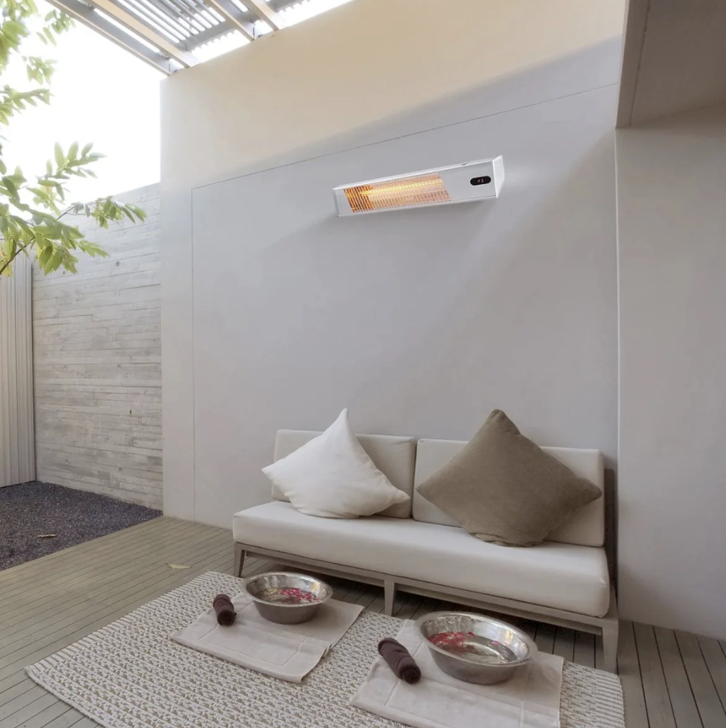 Image shows the stylish design of the Excelair EOHA20AR radiant heater mounted in a room