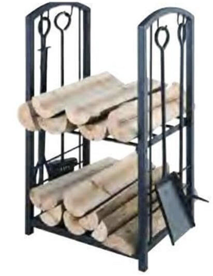 2 Shelf Wood Rack with 4 Fireplace tools