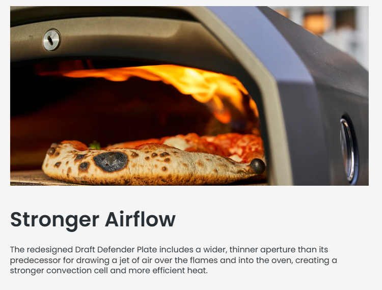 Close-up of a pizza baking inside the Ooni Karu 2 Multi-Fuel Pizza Oven, showing flames swirling over the crust for an authentic wood-fired effect. The oven’s redesigned Draft Defender Plate enhances airflow for faster, more even cooking.