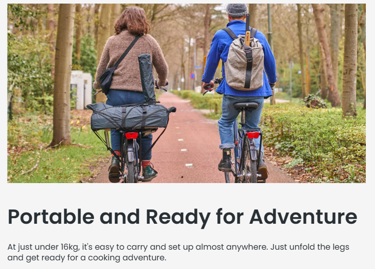Two people ride bicycles down a forest path, each carrying portable gear. One has the Ooni Karu 2 Multi-Fuel Pizza Oven strapped to the back of their bike, showcasing its lightweight and easy-to-carry design for outdoor cooking adventures.