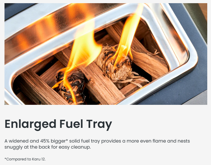 Close-up of the Ooni Karu 2 Multi-Fuel Pizza Oven’s enlarged fuel tray filled with burning wood pieces and fire starters. The stainless steel tray design allows for stronger, more even flames and efficient heat distribution.