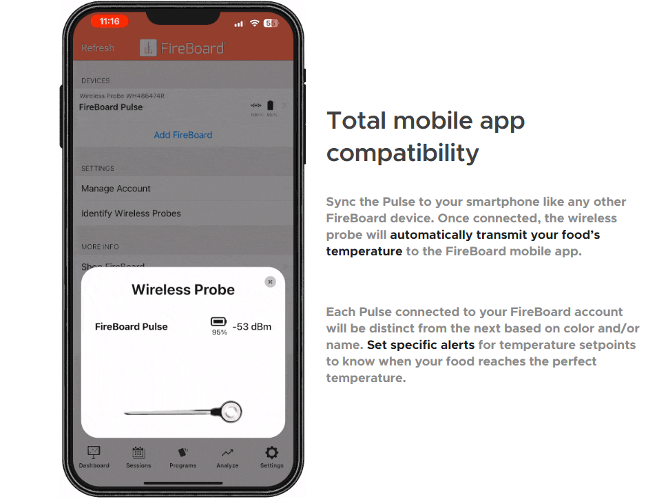 FireBoard Pulse wireless probe connected to FireBoard mobile app showing real time temperature monitoring on smartphone