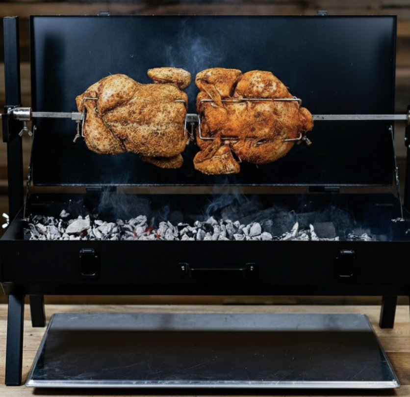 Two whole chicken skewed in the Mini Spit Rotisserie