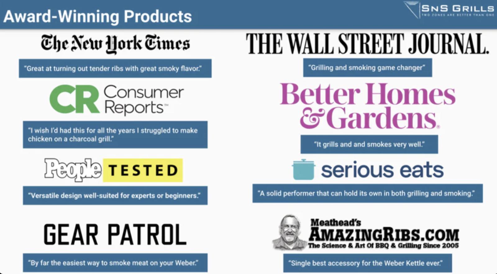 SNS Grill Award Winning product reviews