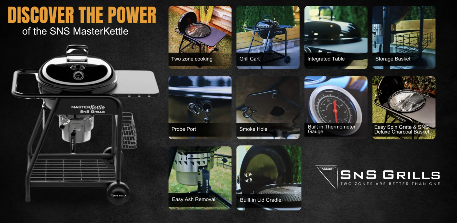 Listed features of the Slow 'N Sear MasterKettle Charcoal Grill + Smoker