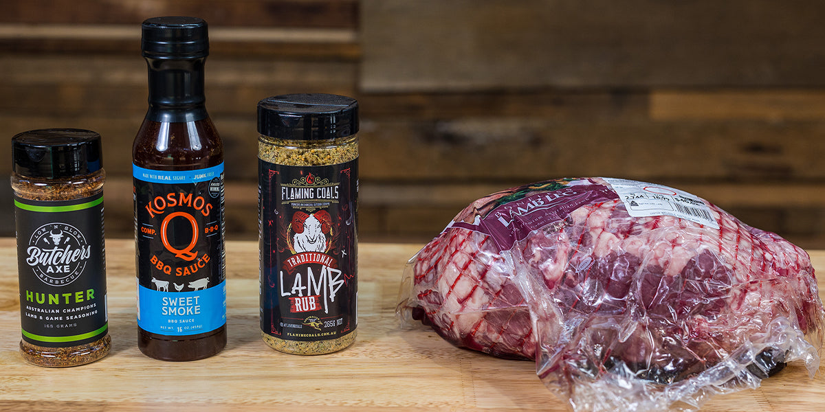 This image shows a lamb leg and lamb seasonings