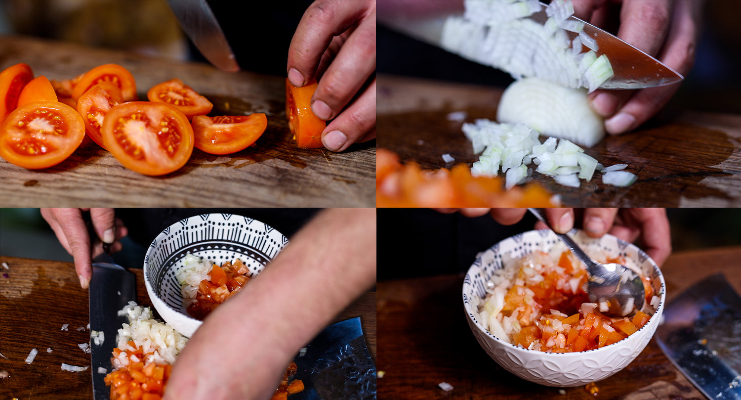 This image shows a sliced tomatoes and onions placed in a bowl