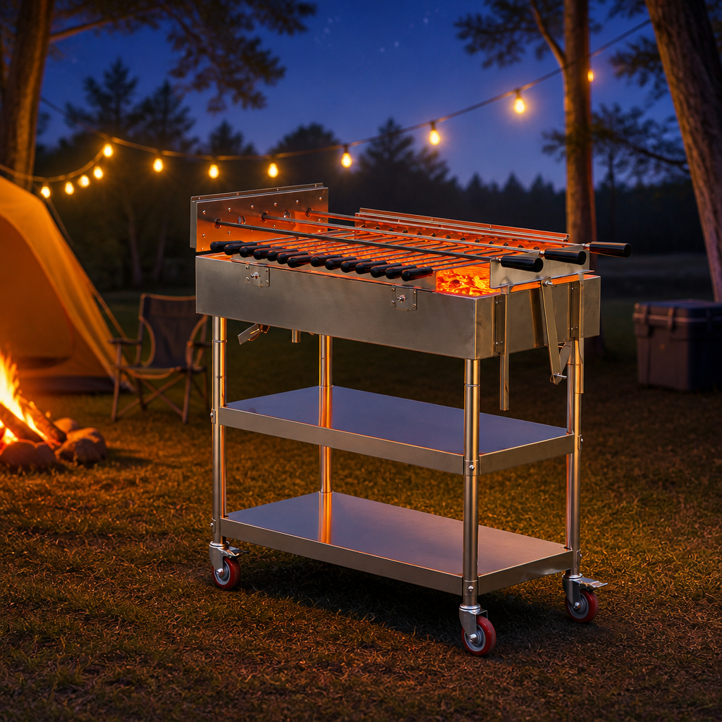 Flaming Coals stainless steel Cyprus spit roaster with three skewers and firebrick-lined charcoal pit at a campsite.