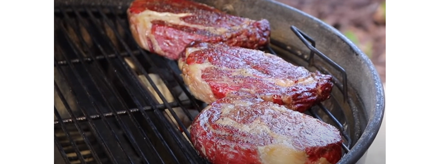 This image shows three chunks of steak cooked on SNS kettle 