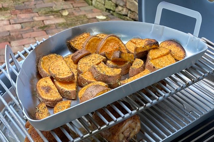 this image shows how sweet potatoes are cooked in a SnS Grills Mini Drip Pan - slow n sear