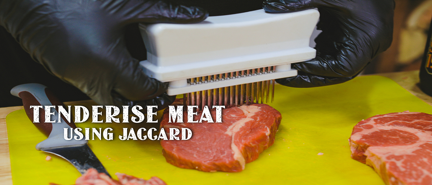 This image shows a man tenderise the meat using Jaccard