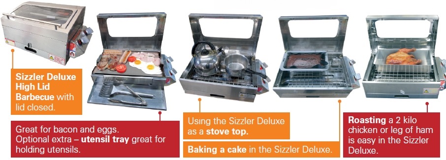 This image shows usage examples of the Sizzler Deluxe High lid Barbecue with cooking rack