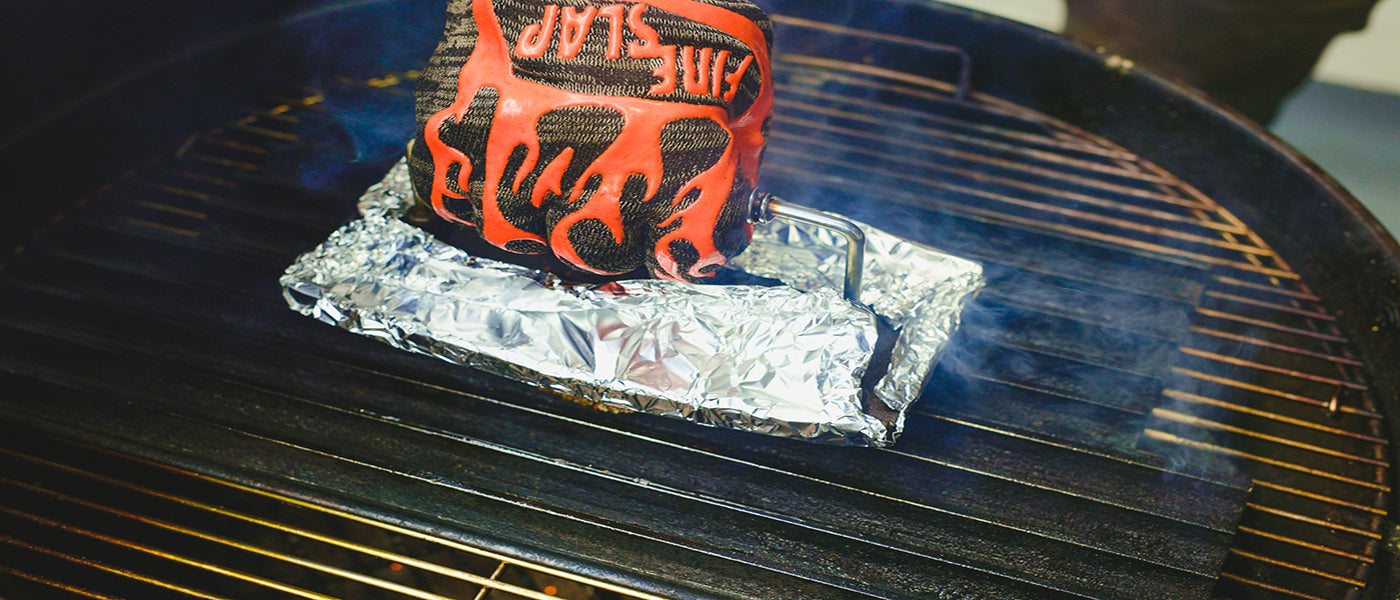 This image shows a burger press on the top of the steak