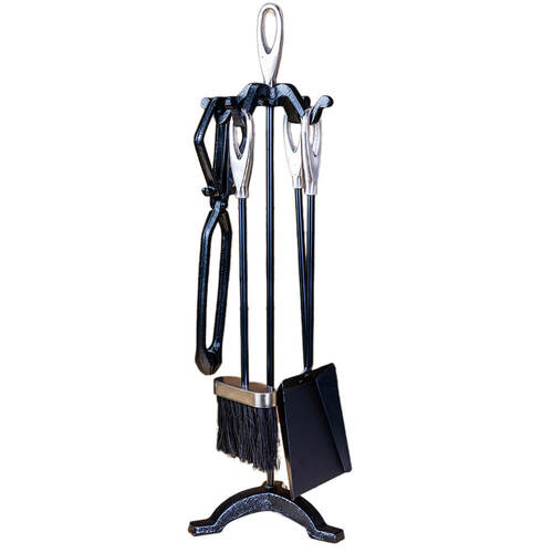 Fireplace Tool Set - 4 piece plus stand - Black and Silver