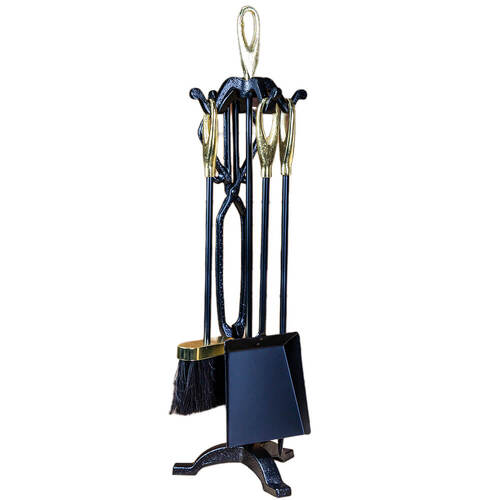 Fireplace Tool Set - 4 piece plus stand - Black and Brass