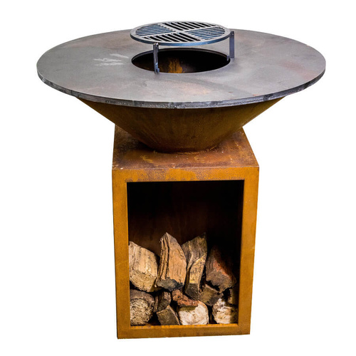 Round Rustic Firepit BBQ with Wood Storage - 1000mm - Flaming Coals