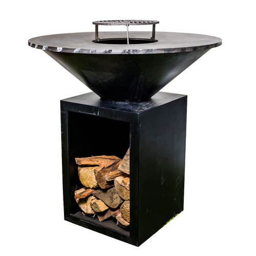 Round Black Firepit BBQ with Wood Storage -1000mm - Flaming Coals