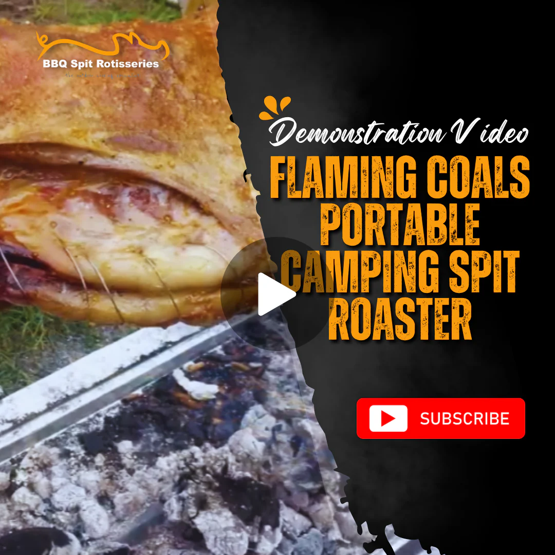 Flaming Coals Portable Camping Spit Roaster Product Demonstration Video image