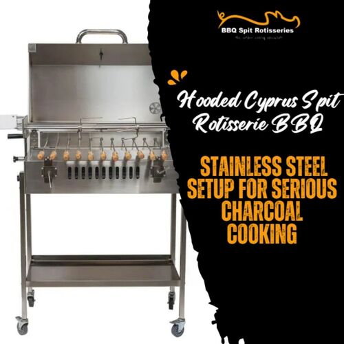 Hooded Cyprus Spit Rotisserie BBQ: Stainless Steel Setup for Serious Charcoal Cooking image